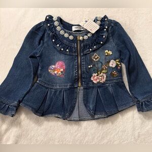 SHEIN Dark Blue Denim Jacket with Floral Embroidery & Heart Patch